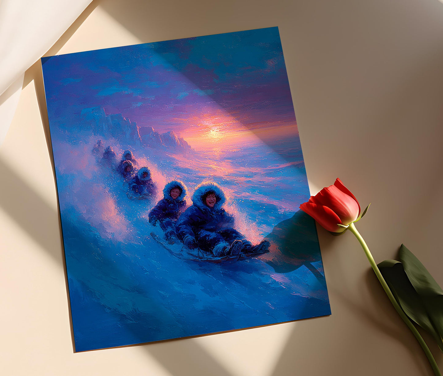 Affiche Enfants Inuit en Luge – Poster Art de l'Enfance Arctique