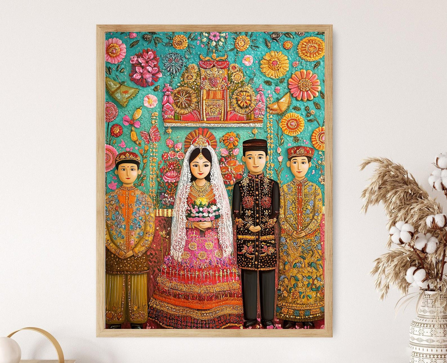 Affiche Mariage Malais – Poster Art avec Tenues Élaborées et Symboles Culturels