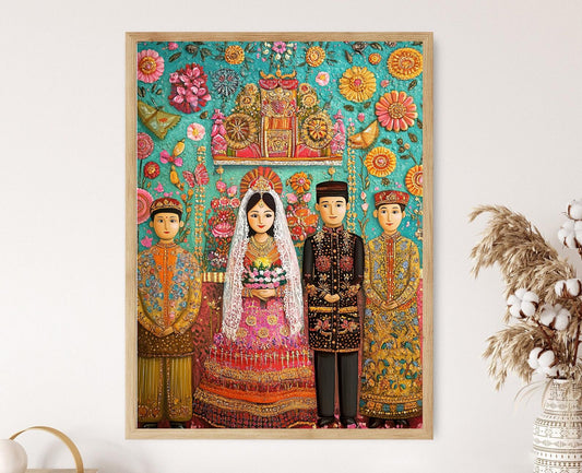Affiche Mariage Malais – Poster Art avec Tenues Élaborées et Symboles Culturels