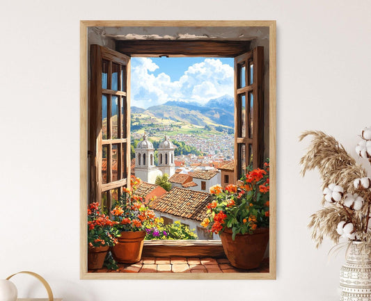 Affiche Quito – Illustration de fenêtres avec volets en bois et vue andine