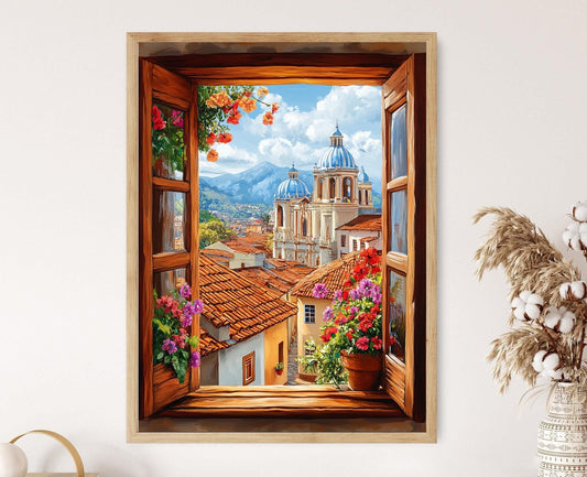 Affiche Cuenca - Illustration de Fenêtre avec Cadre en Bois et Vue de Rue