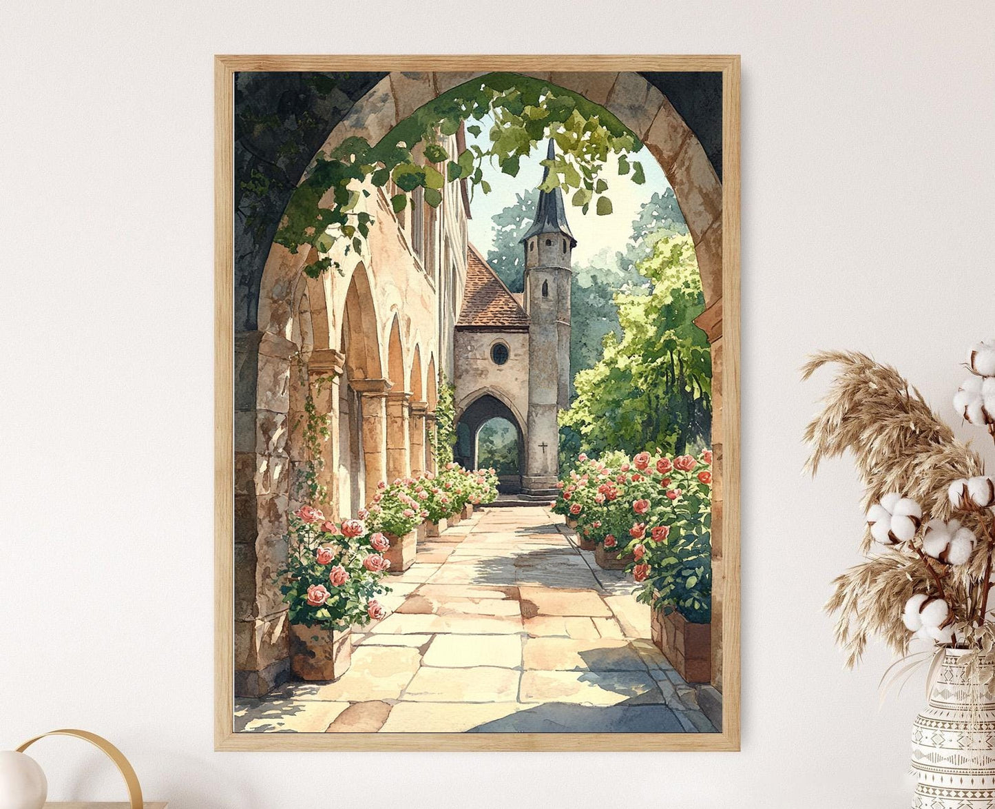 Affiche Abbaye d'Echternach – Poster Arches gothiques et jardin de roses