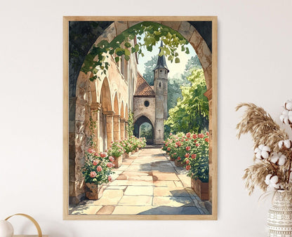 Affiche Abbaye d'Echternach – Poster Arches gothiques et jardin de roses