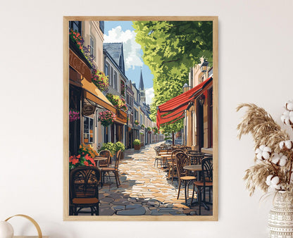 Affiche Luxembourg Café – Illustration de rue pavée et terrasses fleuries