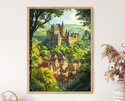 Affiche Château de Vianden – Illustration médiévale des collines verdoyantes de Luxembourg