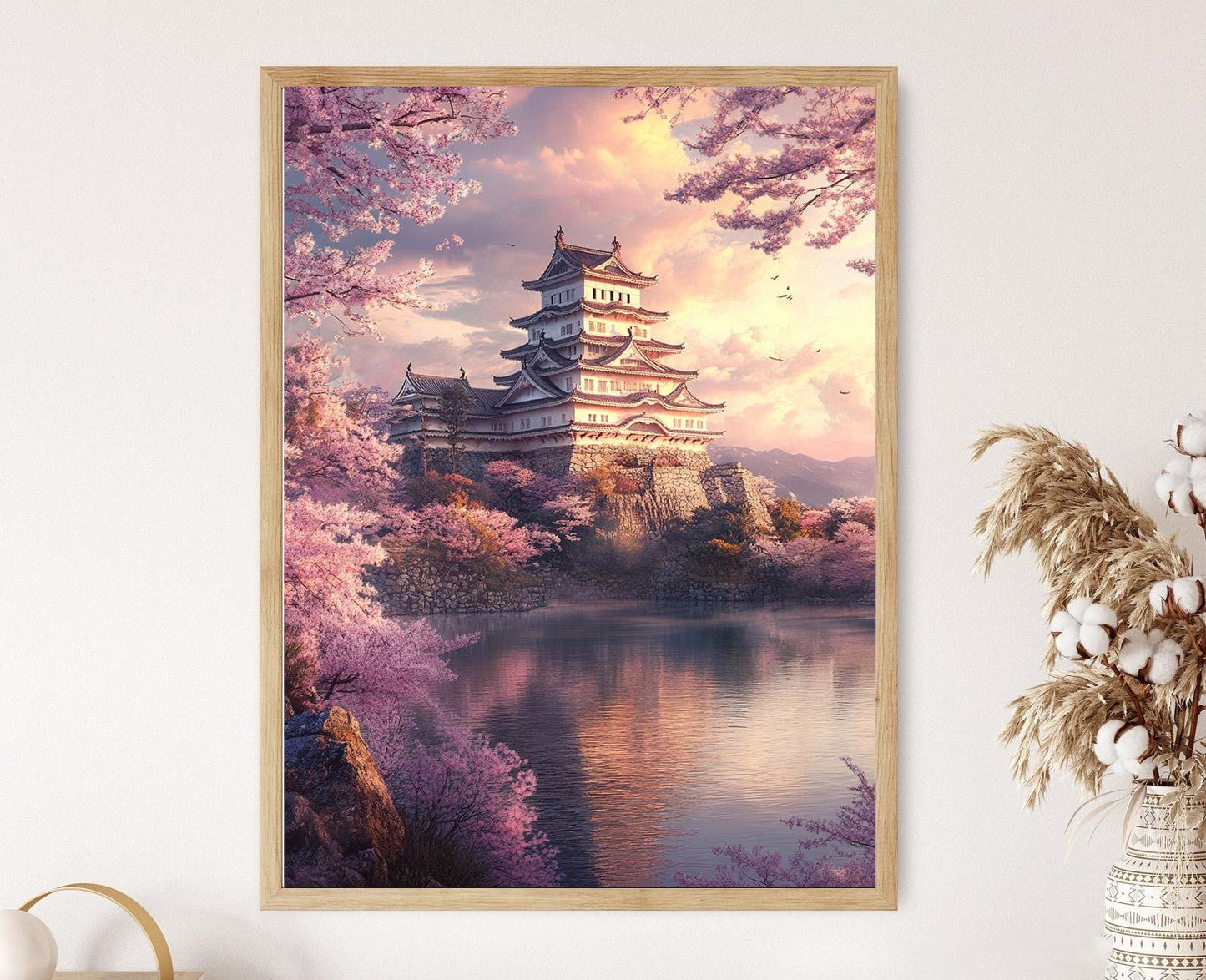 Affiche Château de Himeji – Poster Art du Japon avec Cerisiers et Héron