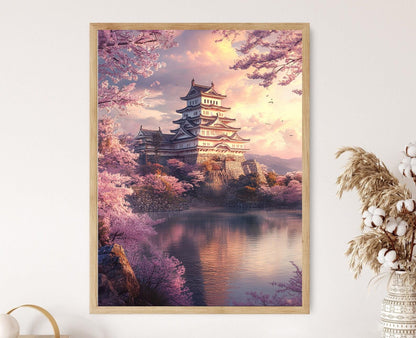 Affiche Château de Himeji – Poster Art du Japon avec Cerisiers et Héron