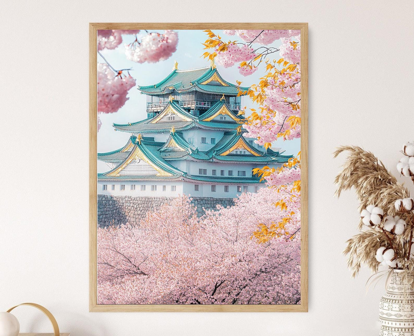 Affiche Château de Nagoya – Poster Art Japon, Shachihoko Doré, Cerisiers
