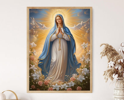 Affiche Notre-Dame de Grâce – Poster Art Mariale avec Lys Blancs