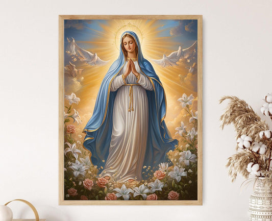 Affiche Notre-Dame de Grâce – Poster Art Mariale avec Lys Blancs