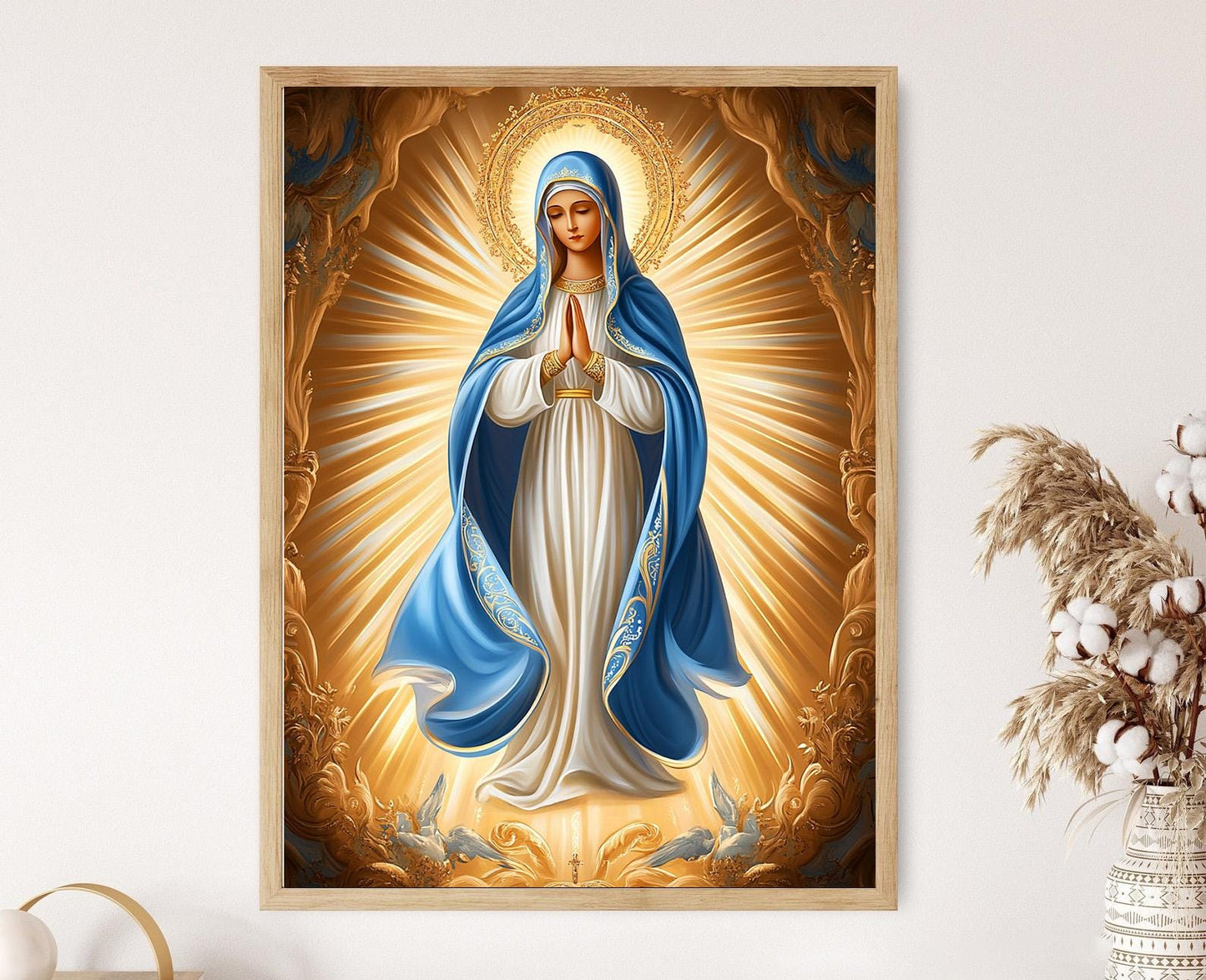 Affiche Notre-Dame de Grâce – Poster Art Catholique, Halo Doré et Lumière Indigo