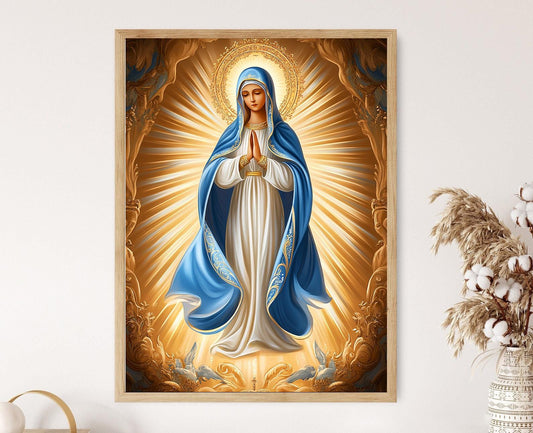 Affiche Notre-Dame de Grâce – Poster Art Catholique, Halo Doré et Lumière Indigo