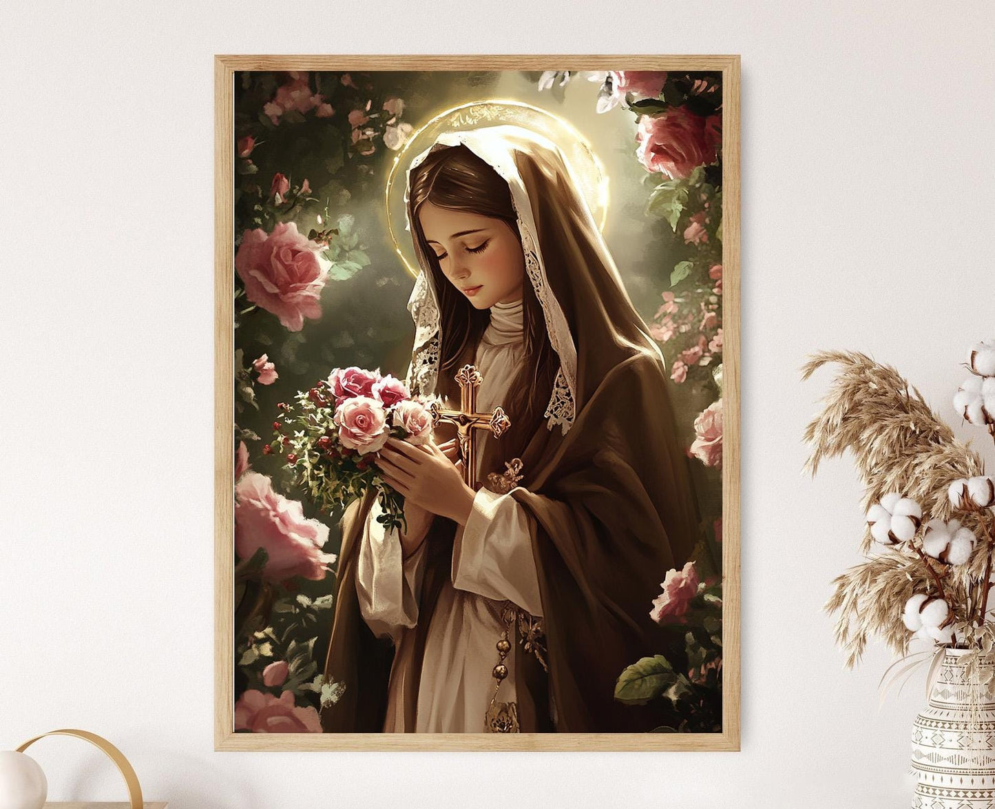 Affiche Sainte Thérèse de Lisieux – Poster Art Catholique Fleurs et Crucifix