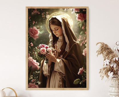 Affiche Sainte Thérèse de Lisieux – Poster Art Catholique Fleurs et Crucifix