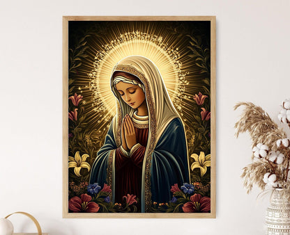 Affiche Sainte Élisabeth de la Trinité : Voile carmélite, lumière dorée et paix priante