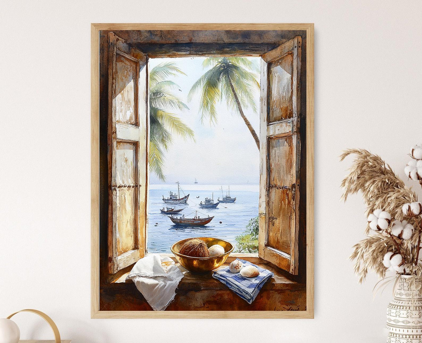 Affiche Côte de Visakhapatnam – Poster Art de Coquillage & Bol de Noix de Coco