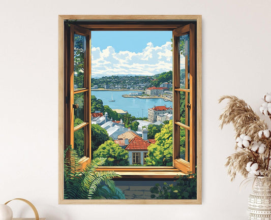 Affiche Dunedin – Illustration fenêtre, vue portuaire, maisons édouardiennes