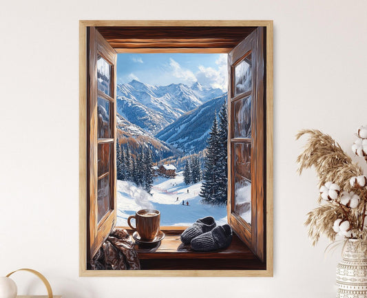 Affiche Vail Ski Resort – Poster Vue Neigeuse des Montagnes par la Fenêtre