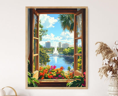 Affiche Orlando : Vue de Lake Eola à travers une fenêtre en bois