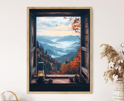 Affiche Montagnes Fumantes – Poster Vue d'Automne à Travers une Fenêtre