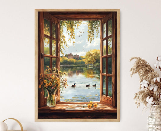 Affiche Londres – Poster Vue sur le lac depuis une fenêtre en bois