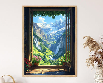 Affiche Lauterbrunnen – Poster Illustration de la vallée, cascades et fleurs des Alpes