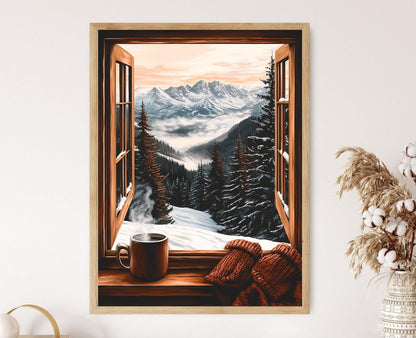 Affiche Cairngorms – Poster Illustration de Fenêtre avec Pins et Pics Écossais