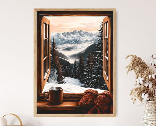 Affiche Cairngorms – Poster Illustration de Fenêtre avec Pins et Pics Écossais