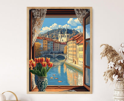 Affiche Ljubljana – Poster Vue sur le Triple Pont et le Château