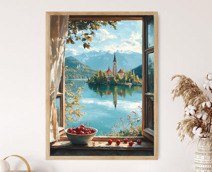 Affiche Lac Bled – Illustration église, Alpes juliennes, campagne slovène