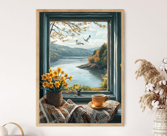 Affiche Fenêtre Bangor – Poster Vue sur le Menai, Couverture Galloise et Jonquilles