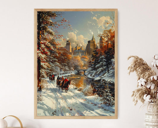 Affiche Hiver à Central Park – Peinture de traîneau avec skyline NYC