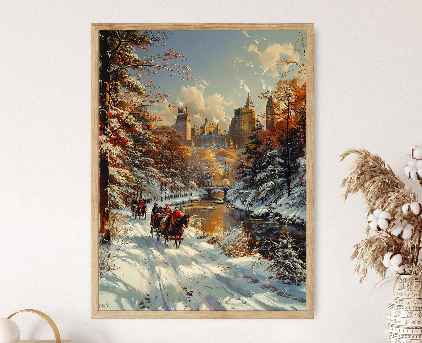 Affiche Hiver à Central Park – Tableau de traîneau à chevaux et skyline NYC