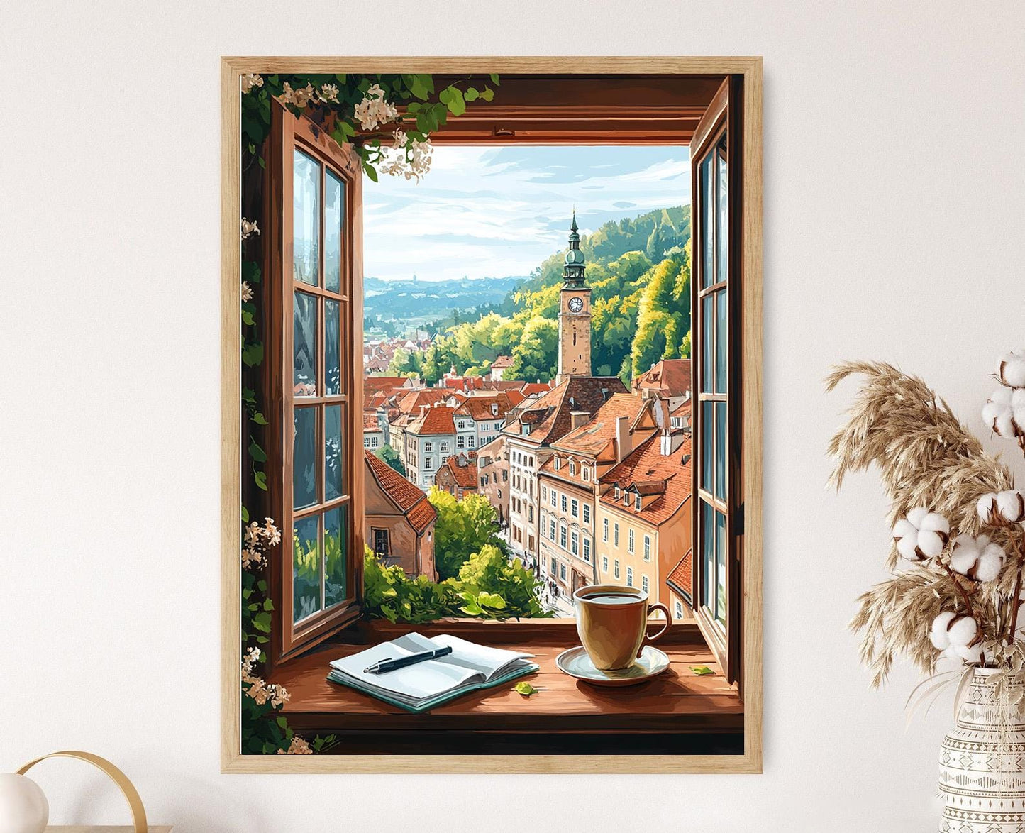 Affiche Voyage Graz – Tour de l'Horloge Schlossberg, Toits Rouges et Vigne