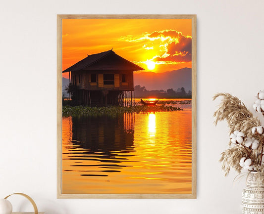 Affiche Inle Lake – Poster Art des maisons sur pilotis traditionnelles