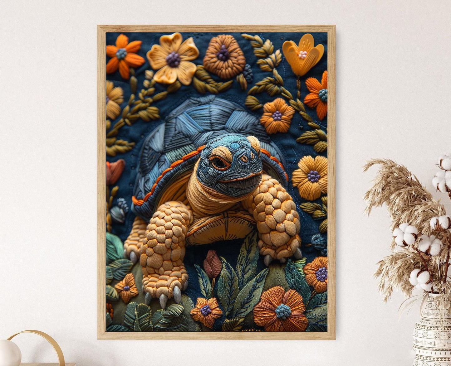 Affiche Tortue des Galápagos – Poster Broderie Élégante et Colorée