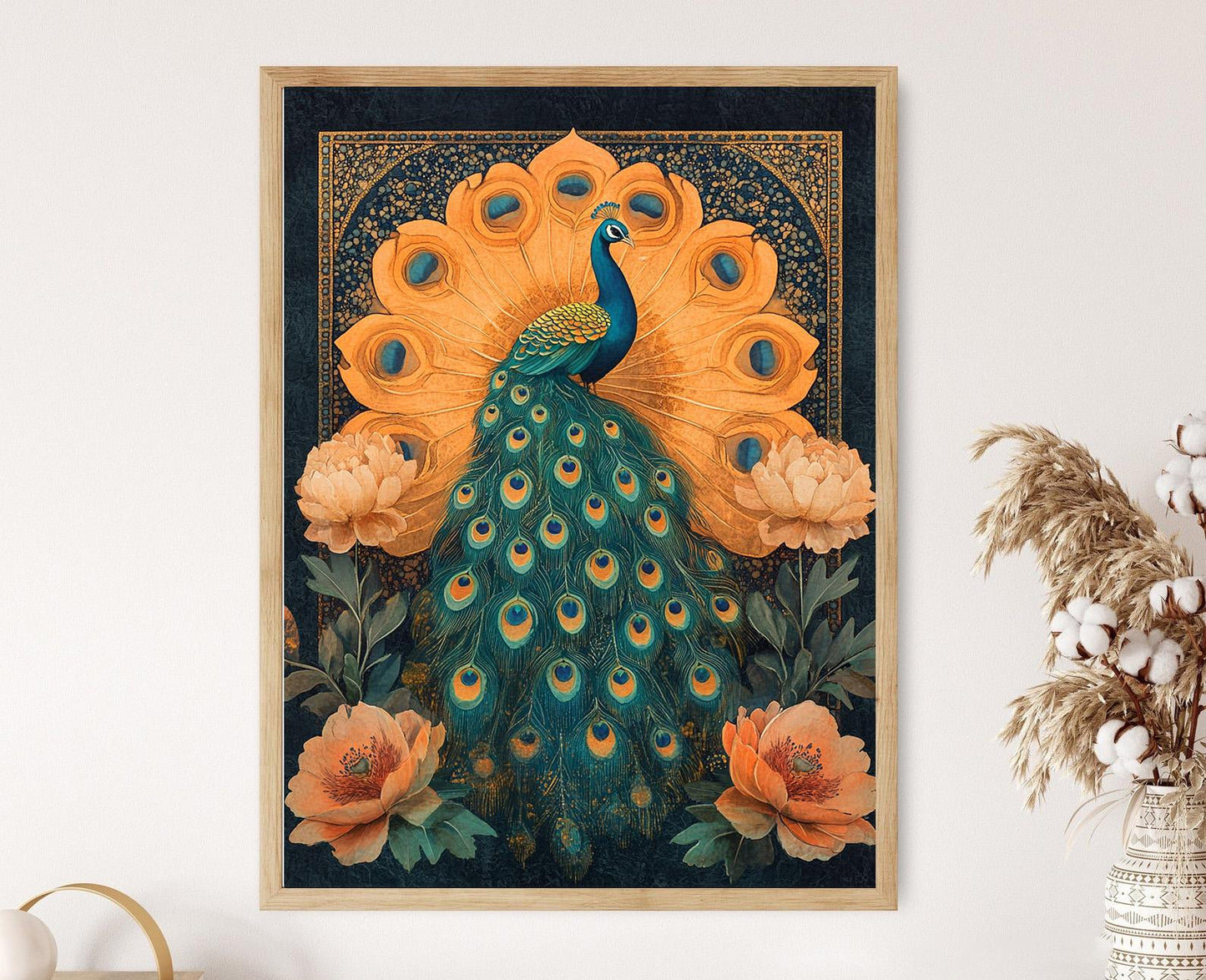 Affiche Mandala Paon – Poster Art Murale Indienne Turquoise et Marigold