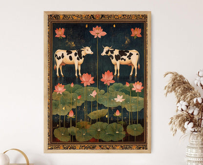 Affiche Étang de Lotus – Poster Art Populaire Indienne Vache Sacrée