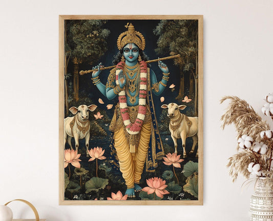Affiche Pichwai de Krishna – Poster Art Indien avec Vaches Lotus