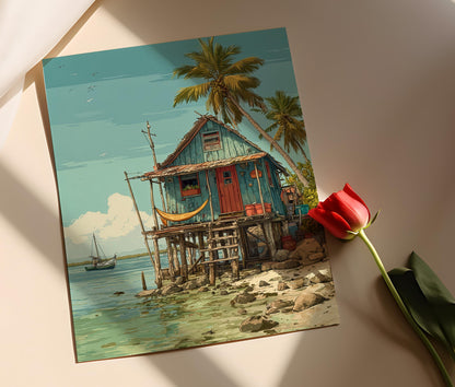 Affiche Maison sur Pilotis du Nicaragua – Illustration de la Lagune Perle