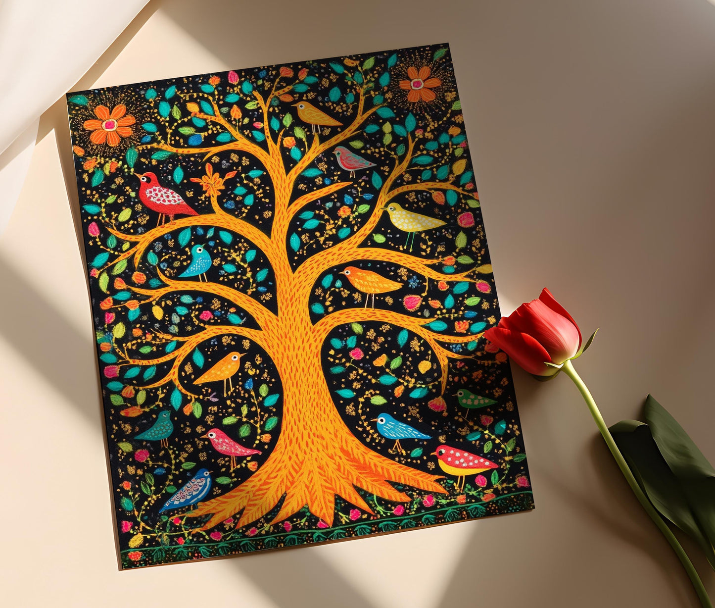 Affiche Arbre de Vie – Poster Art Mithila : Oiseaux et Animaux Indiens