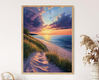 Affiche Lac Michigan – Art de la Côte Serein et Ciel au Coucher de Soleil