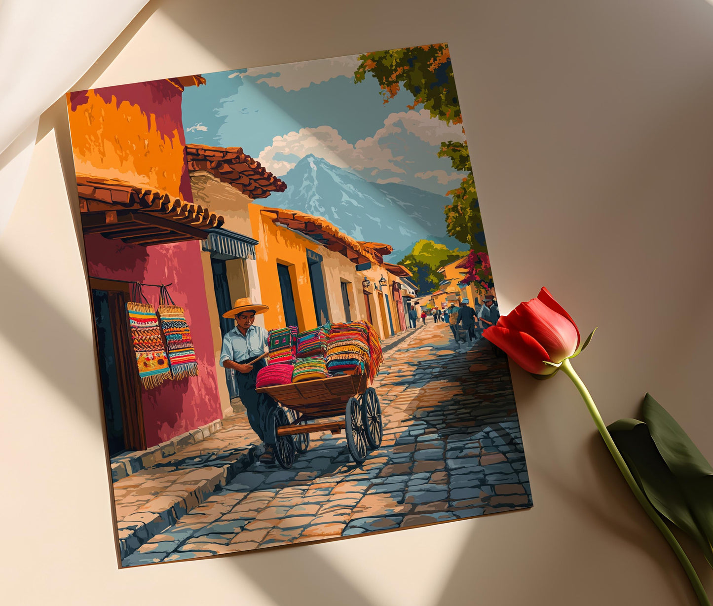 Affiche Marchand de Rue Antigua – Illustration Textiles Mayas et Artisanat