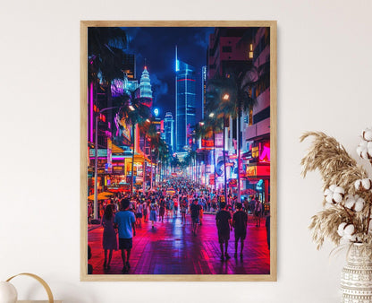 Affiche Bukit Bintang - Imprimé Art de Kuala Lumpur, Lumières néon et Foule