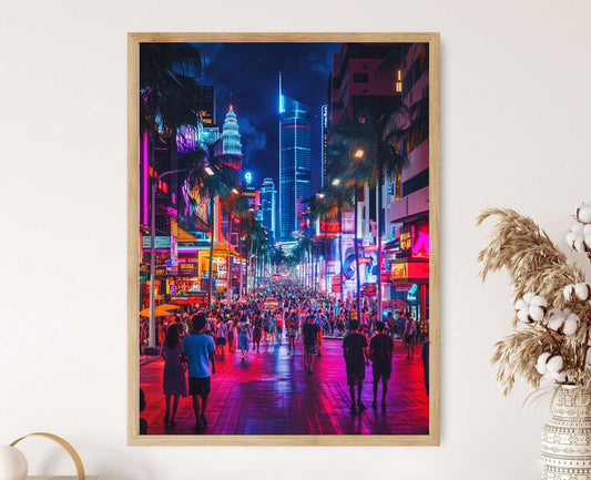 Affiche Bukit Bintang - Imprimé Art de Kuala Lumpur, Lumières néon et Foule