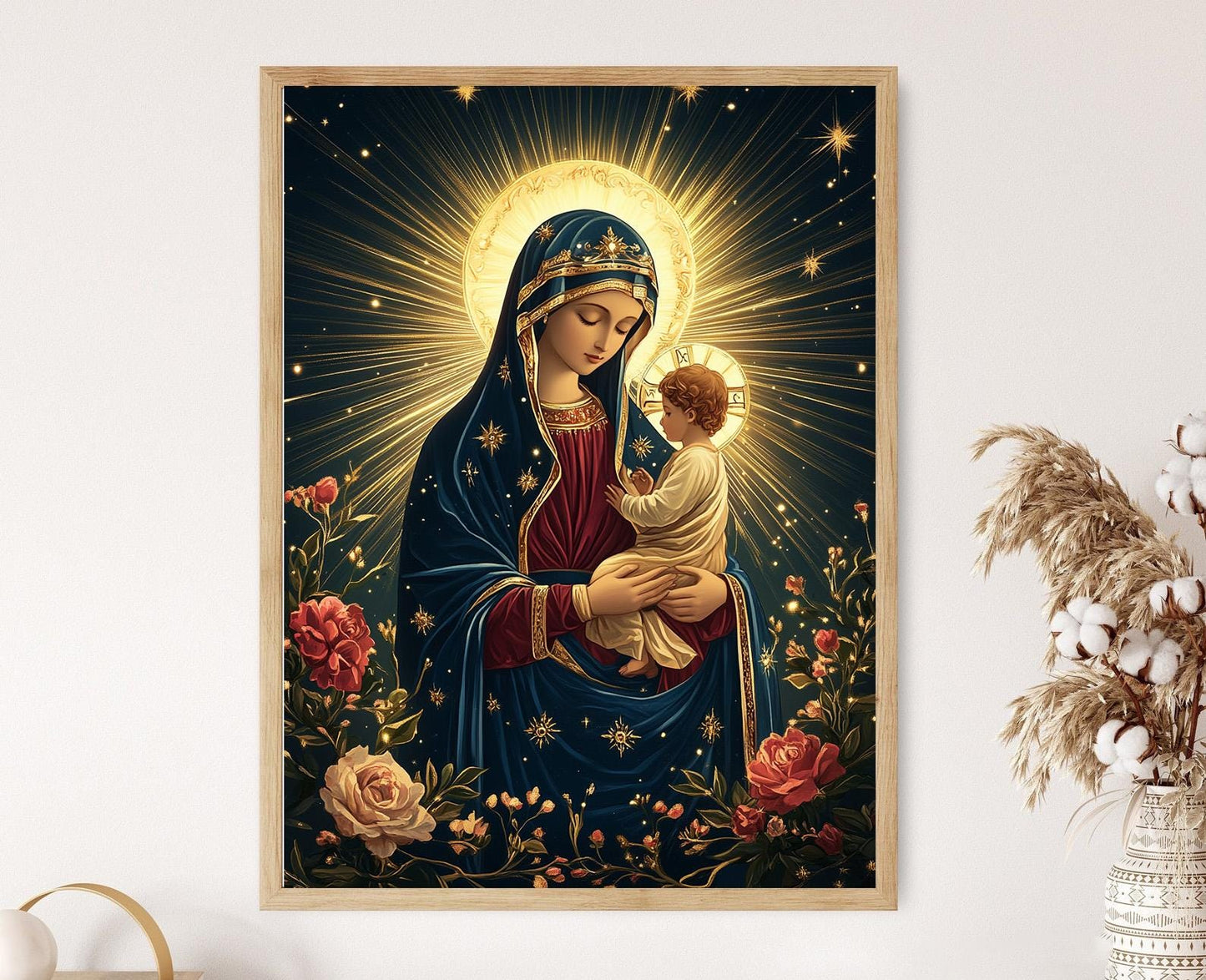 Affiche Notre-Dame du Perpétuel Secours – Art catholique Bleu et Miséricorde