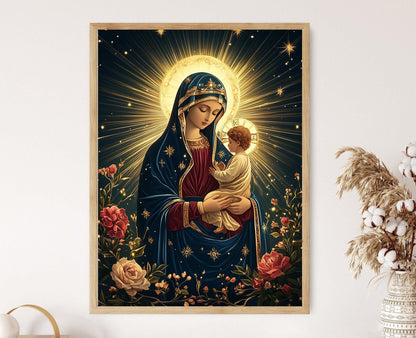 Affiche Notre-Dame du Perpétuel Secours – Art catholique Bleu et Miséricorde