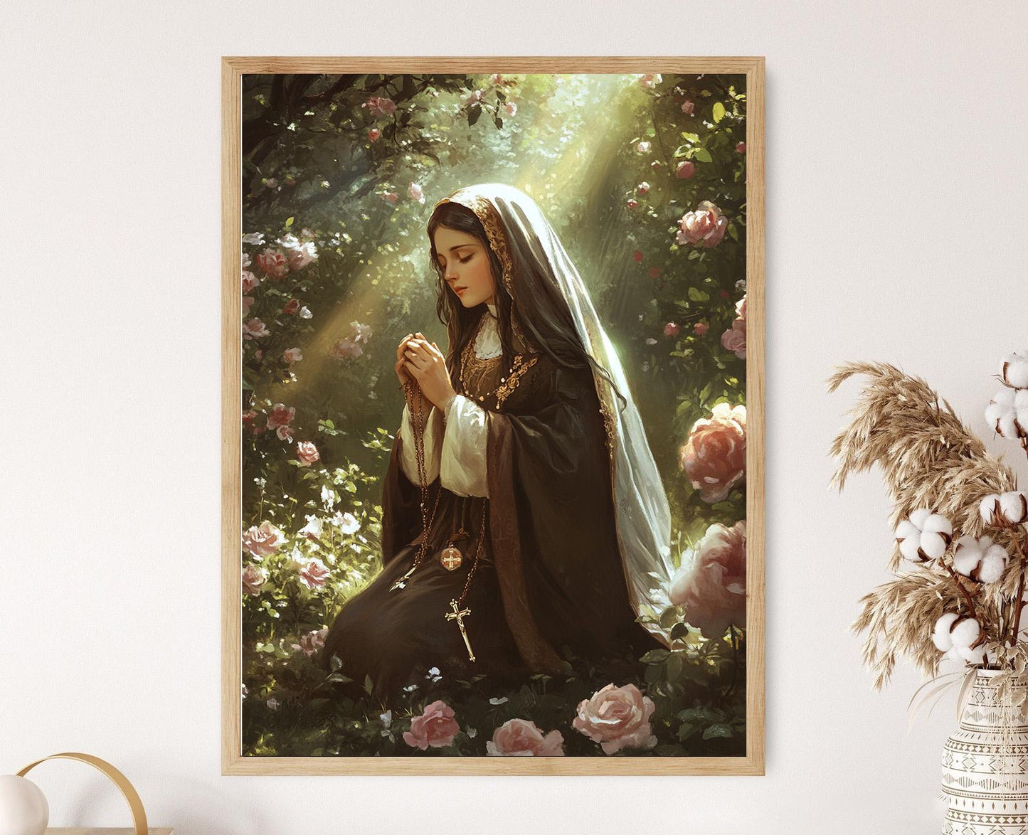 Affiche Sainte Thérèse de Lisieux : Art Catholique, Jardin Carmélite et Roses