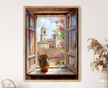 Affiche Trujillo – Poster Fenêtre Coloniale avec Bougainvillier et Jug Clay