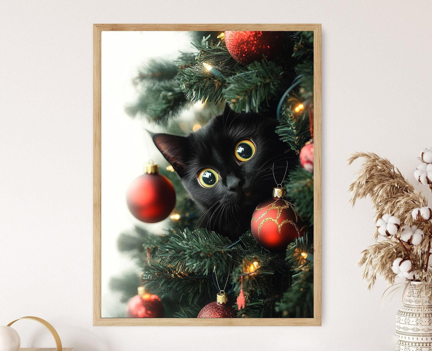Affiche Chat Noir et Sapin de Noël – Décor Festif avec Ornements